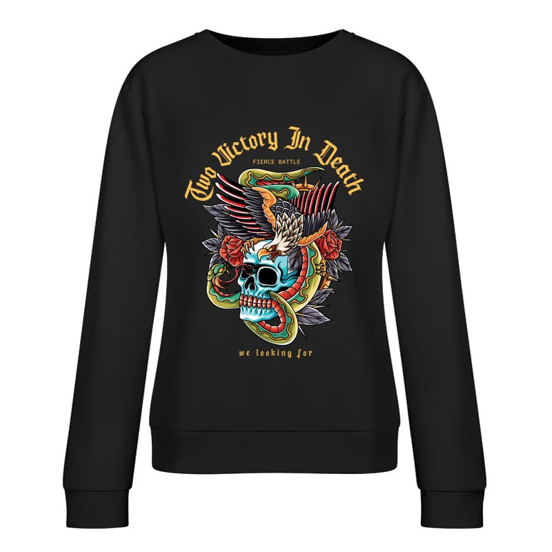 Fierce Battle Tattoo Design Featuring Skull, Eagle, and Snake Female Pullover Sweatshirt