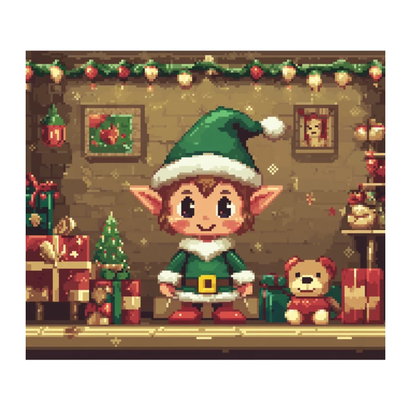 Festive Pixel Art Christmas Elf with Holiday Decorations and Presents Tapestry