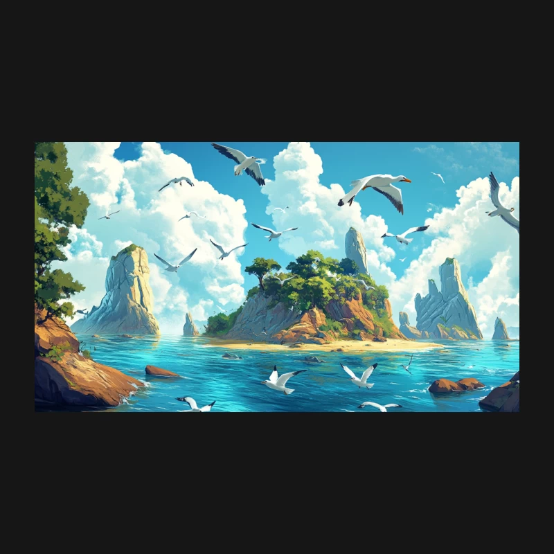 Tropical Island Paradise with Soaring Seagulls Desk Mat
