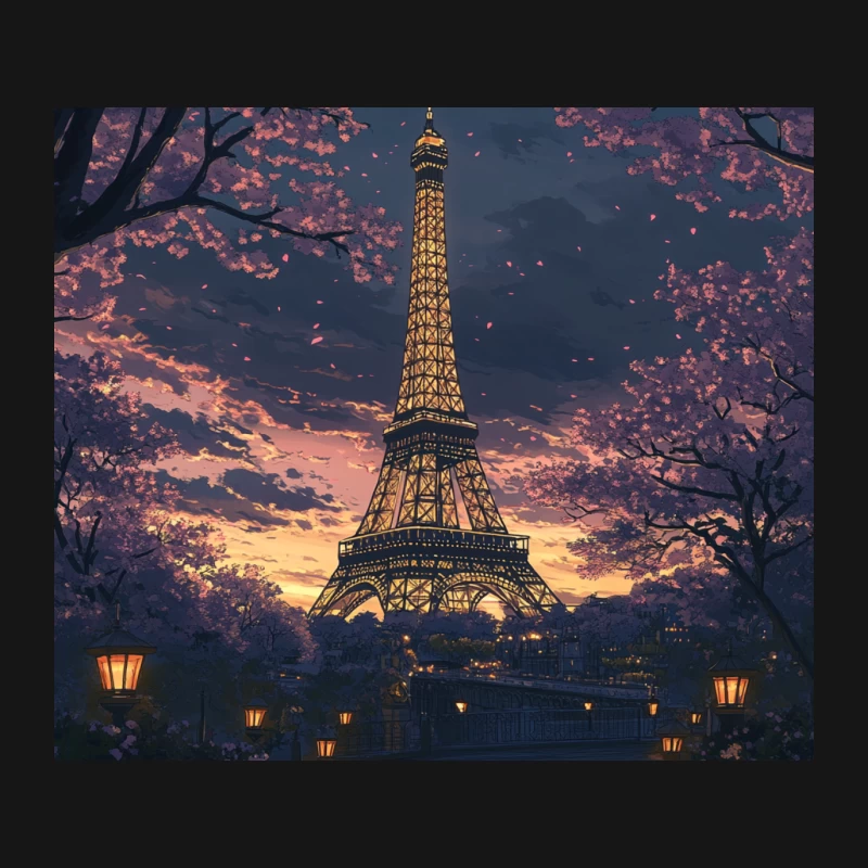 Romantic Parisian Sunset: Eiffel Tower Framed by Cherry Blossoms Mouse Pad