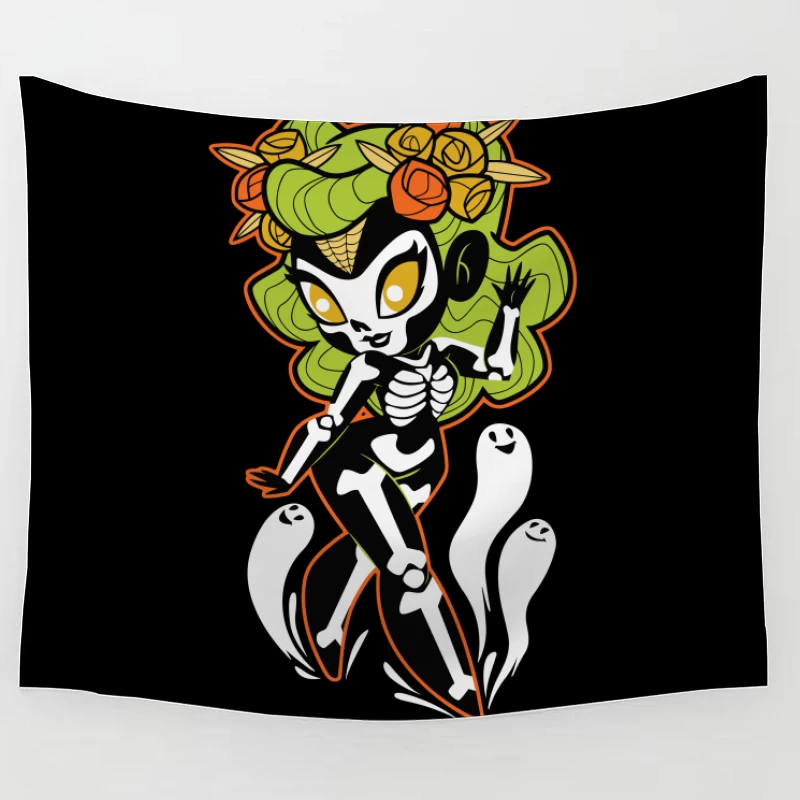 Ghostly Floral Skeleton Character Tapestry