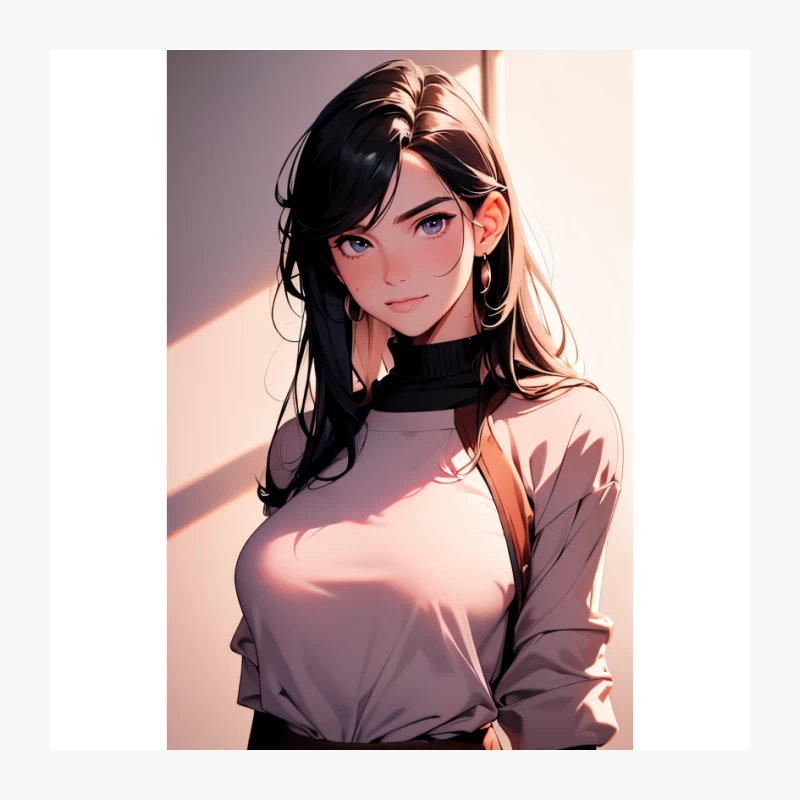 Anime Portrait: Blue-Eyed Girl with Dark Hair in Sunlight Pin