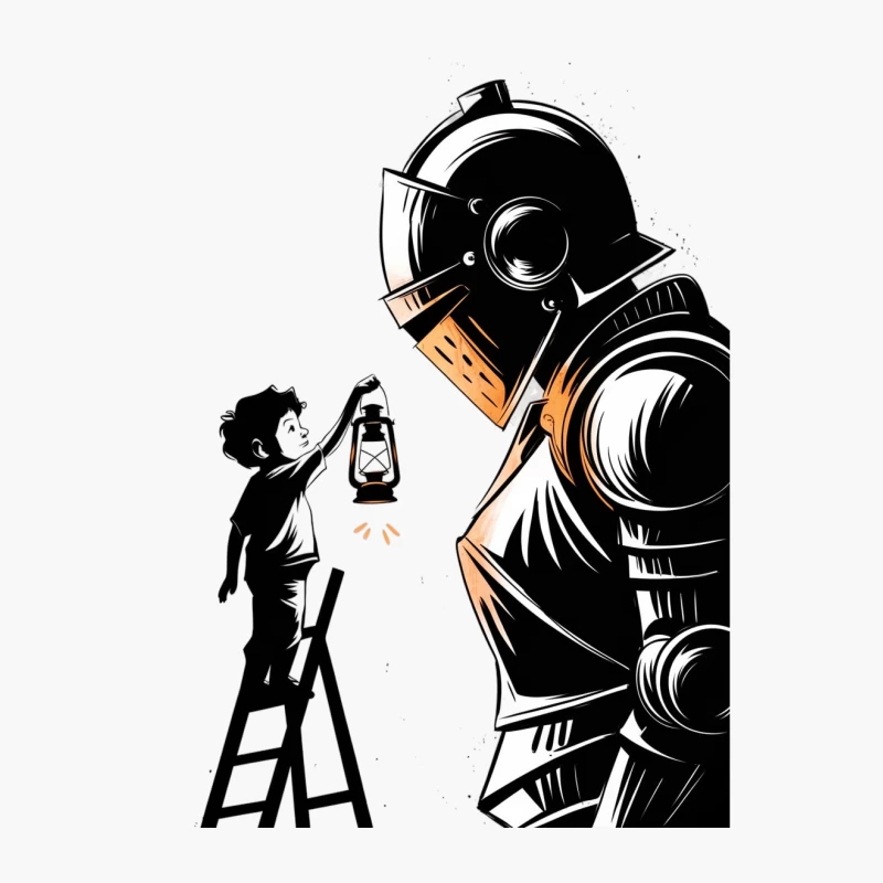 Child Meeting Giant Robot with Lantern Cotton Tote Bag