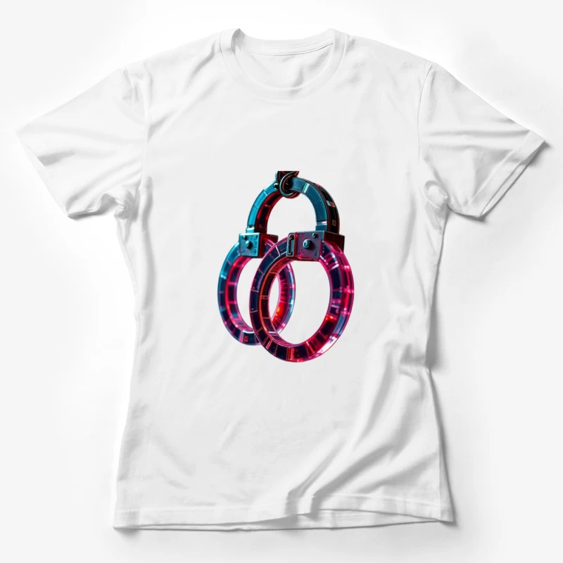 Illuminated Cyberpunk Handcuffs with Neon Pink and Blue Glow Female T-Shirt