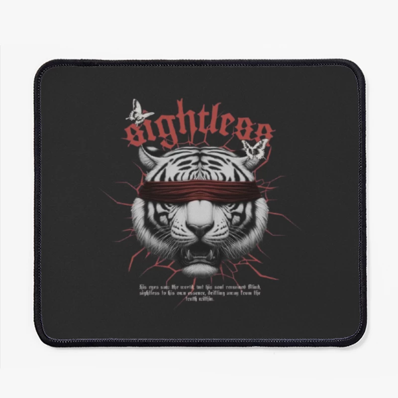 Blindfolded Tiger with Gothic Typography Mouse Pad