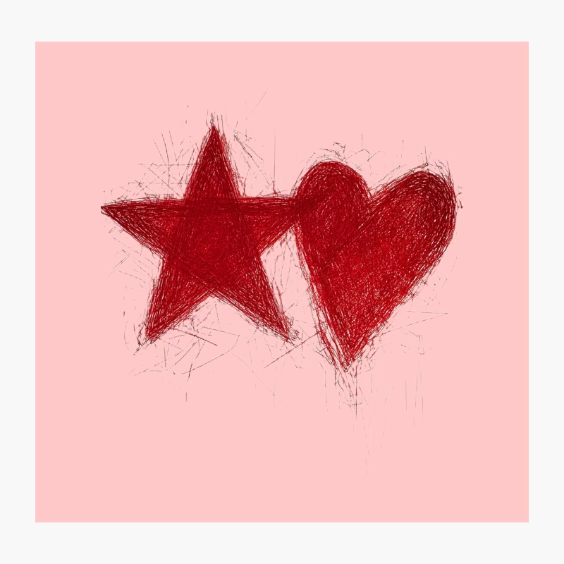 Red Star and Heart Artistic Sketch Throw Pillow