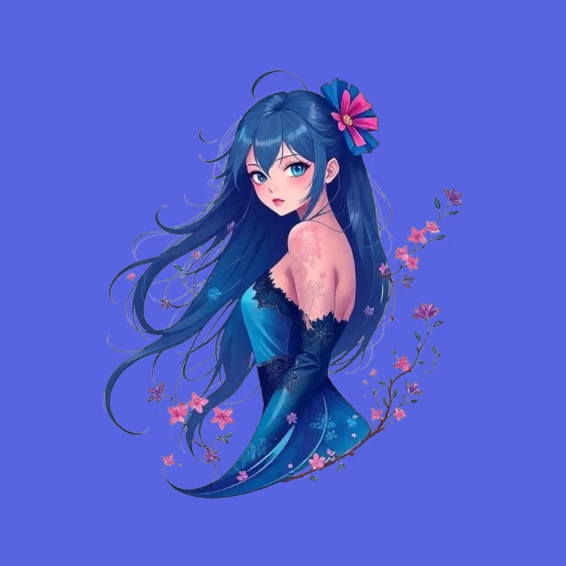 Elegant Anime Girl with Blue Hair and Floral Accents in Evening Dress Pin