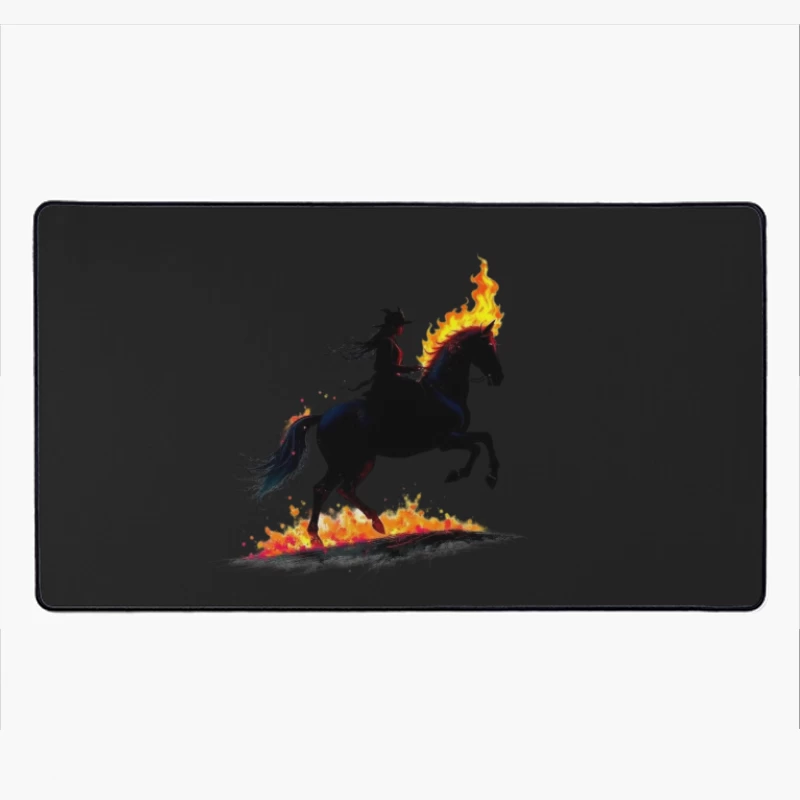 Mystical Dark Rider with Flaming Horse Silhouette Desk Mat