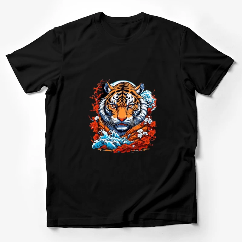 Illustration de tigre avec fleurs et vagues Homme T-Shirt