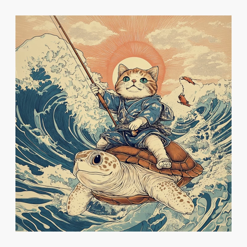 Surreal Cat Fishing on Turtle in Japanese Wave Art Pin