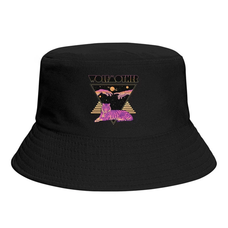 Cosmic Tiger with Mystical Hands in Retro Synthwave Style Bucket Hat