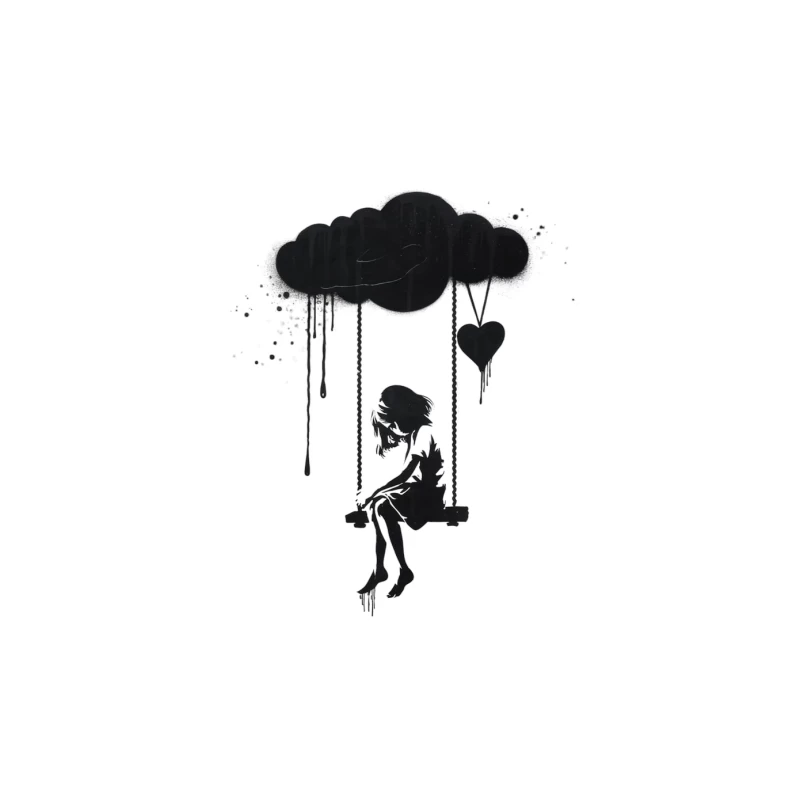 Melancholy Silhouette: A Lone Figure on a Heart-Shaped Swing Tapestry
