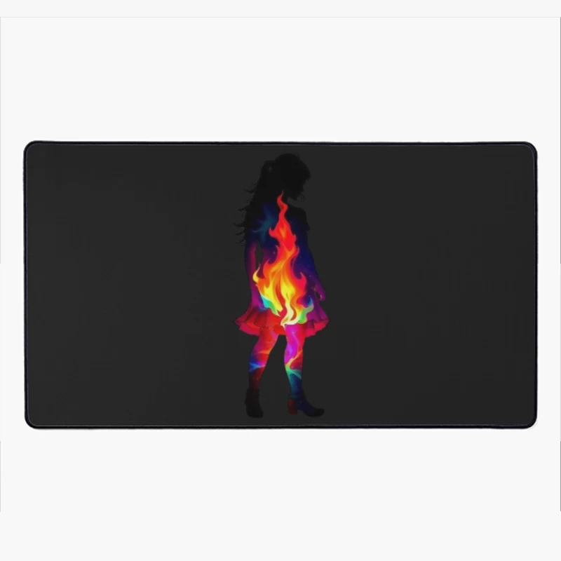 Vibrant Rainbow Fire Silhouette of Woman in Dress Desk Mat