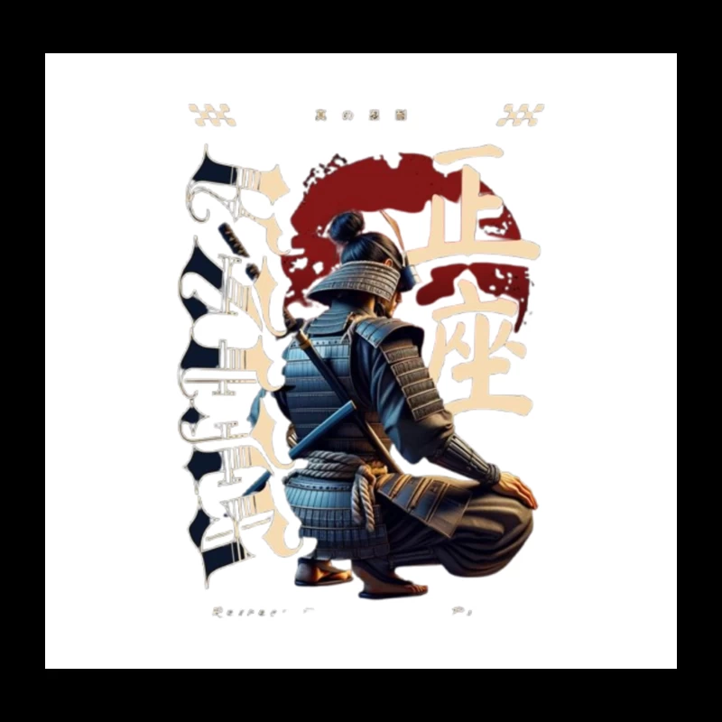 Kneeling Samurai Warrior with Traditional Japanese Calligraphy Throw Pillow