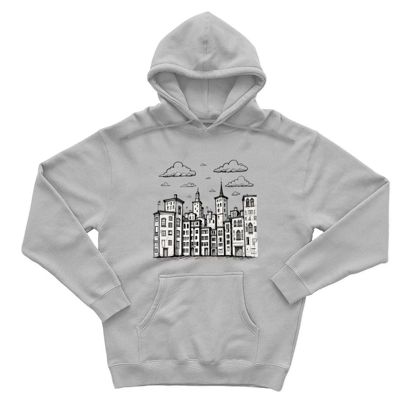 Stylized Black and White Cityscape Illustration Male Pullover Hoodie