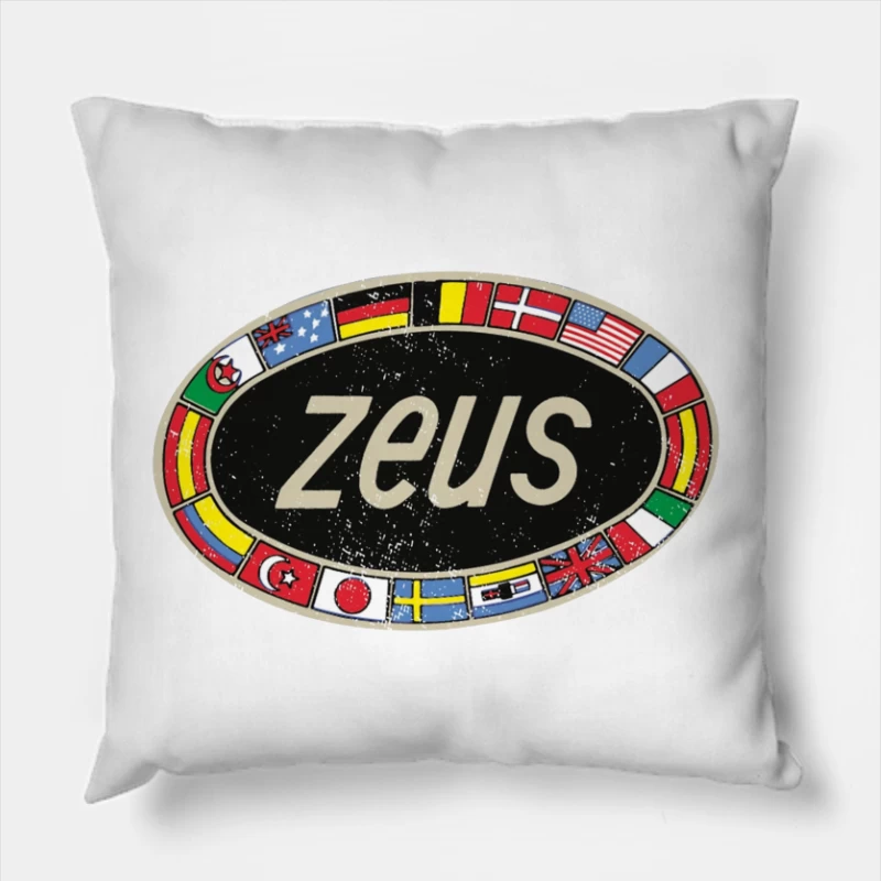 Zeus International Vintage Logo with National Flags Border Throw Pillow