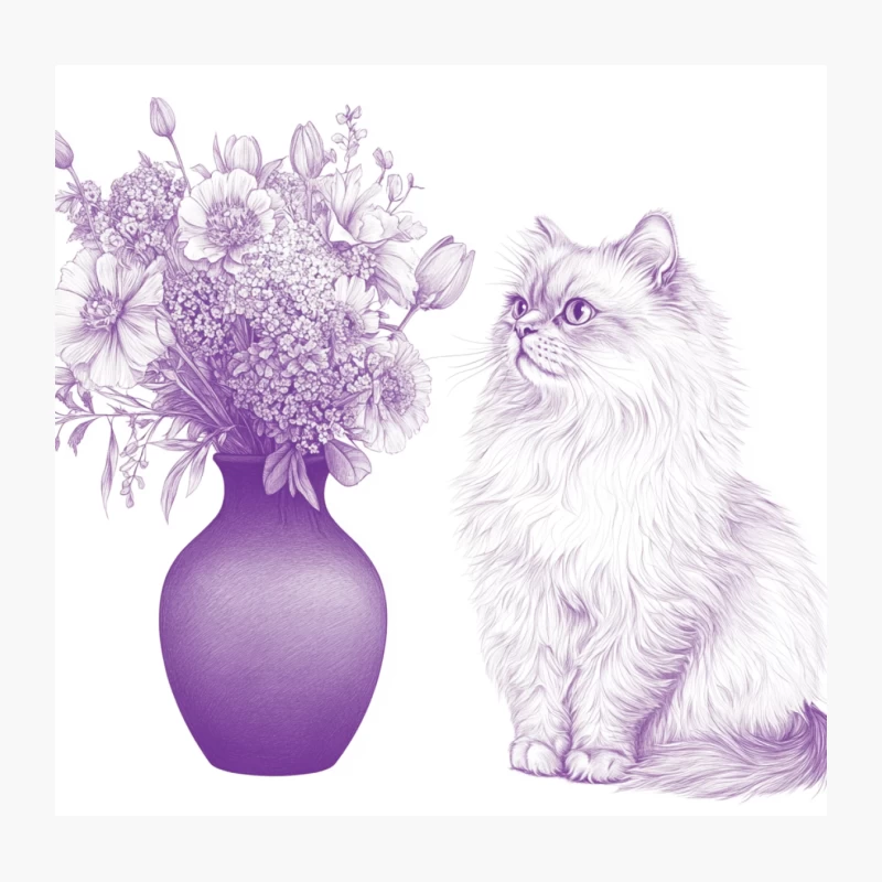 Purple Artistic Illustration of Long-Haired Cat with Flower Vase Throw Pillow