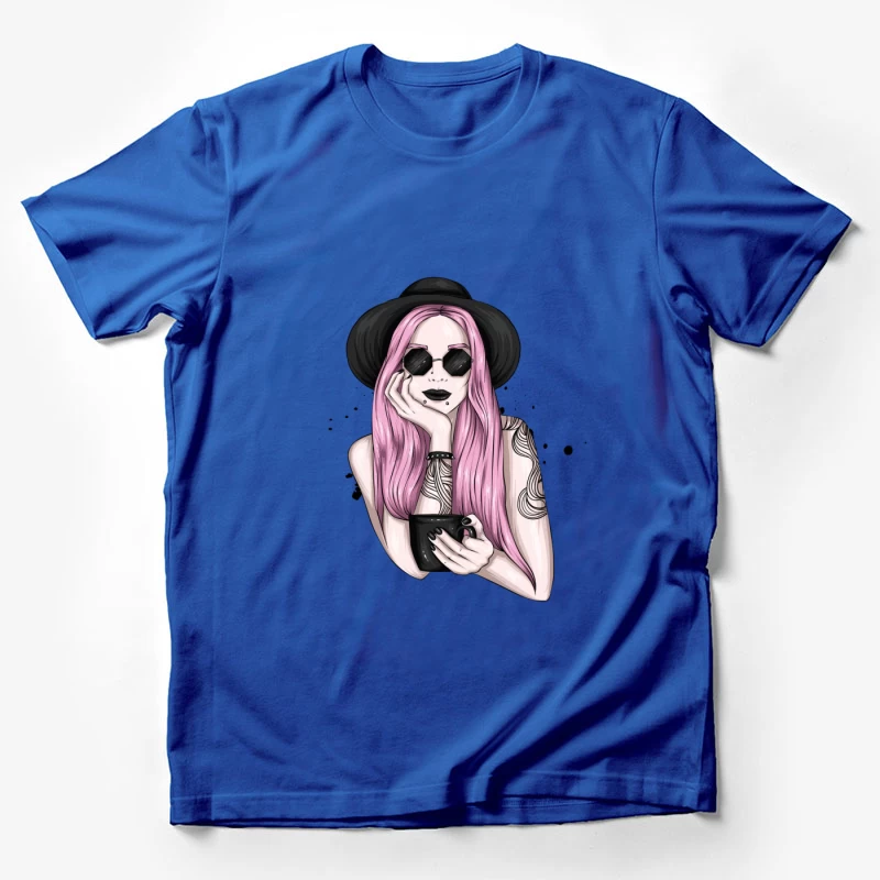 Stylish Woman with Pink Hair and Sunglasses Male T-Shirt