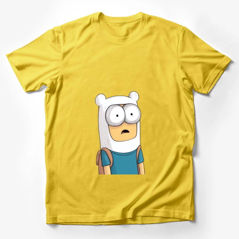 Wide-Eyed Cartoon Character in White Bear Hat Male T-Shirt