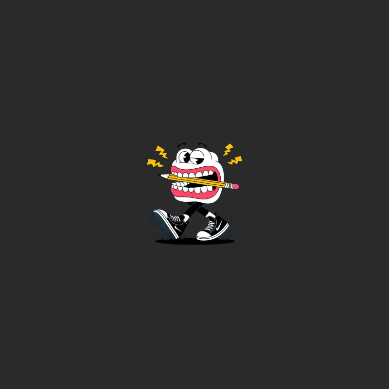 Furious Cartoon Character Biting Pencil While Walking Baseball Cap