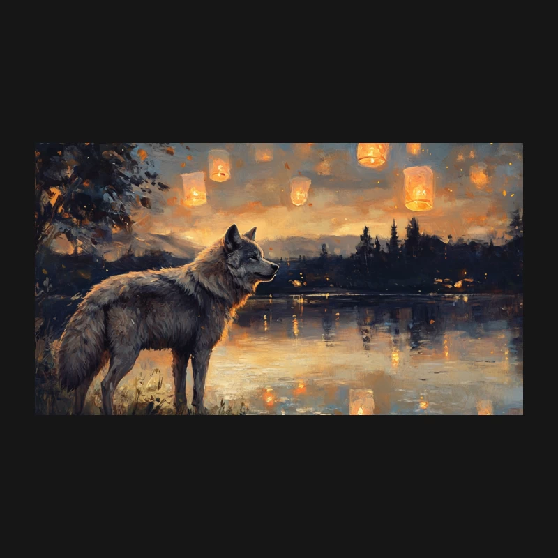 Lone Wolf Gazing at Floating Lanterns over Tranquil Lake Desk Mat