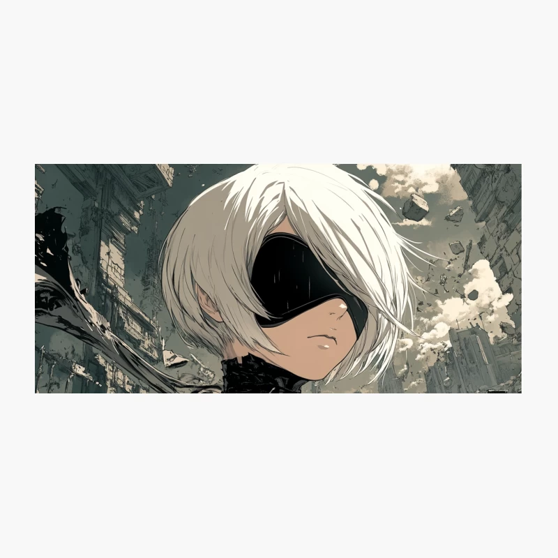 Blindfolded Cyberpunk Anime Character in Dystopian Future Coffee Mug
