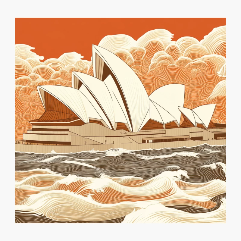 Illustrated Sydney Opera House Against Stylized Ocean Waves Throw Pillow