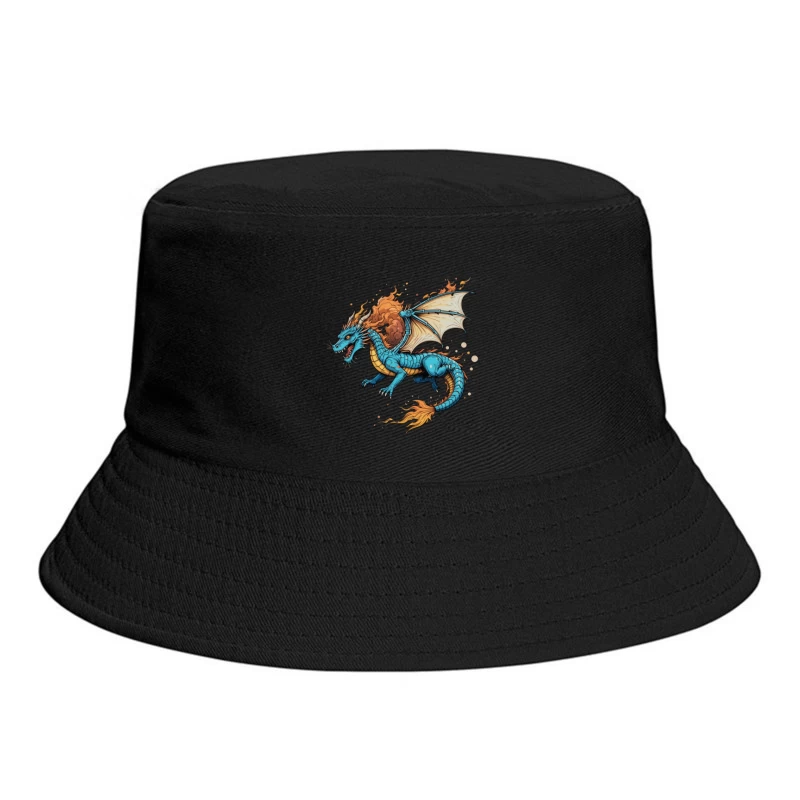 Fierce Blue Dragon with Fiery Mane and Wings Bucket Hat