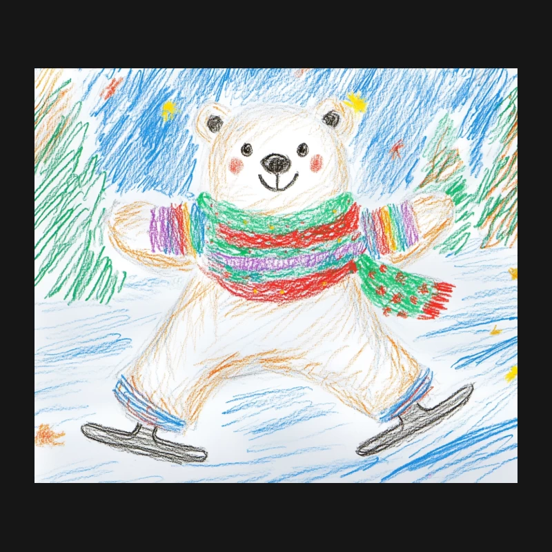 Cheerful Ice Skating Polar Bear in Colorful Winter Attire - Children's Crayon Drawing Mouse Pad