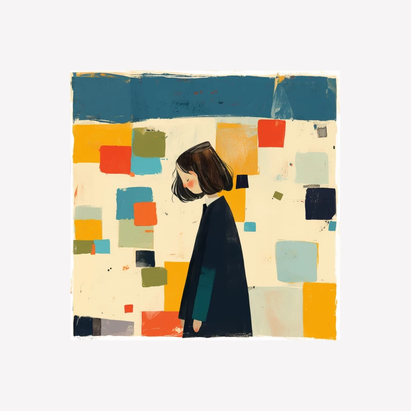 Minimalist Illustration of Figure in Black Coat Against Colorful Abstract Squares Male T-Shirt