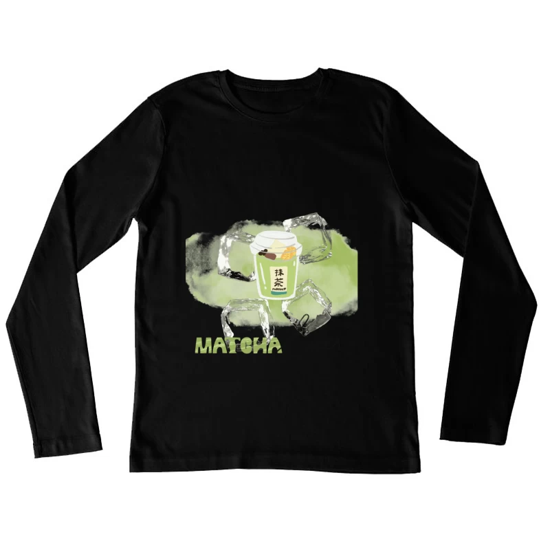 Cute Matcha Latte Cartoon in Glass Cup Female Long Sleeve T-Shirt