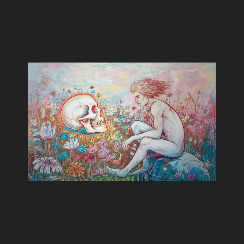 Surreal Encounter: Nude Figure and Skull in Vibrant Flowerscape Bucket Hat