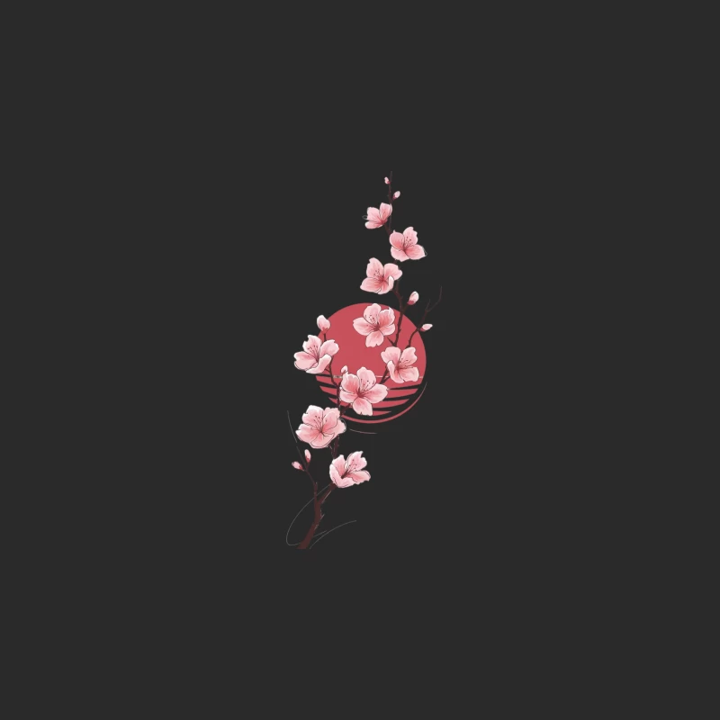 Minimalist Cherry Blossom Branch with Red Sun: Japanese-Inspired Spring Illustration Baseball Cap