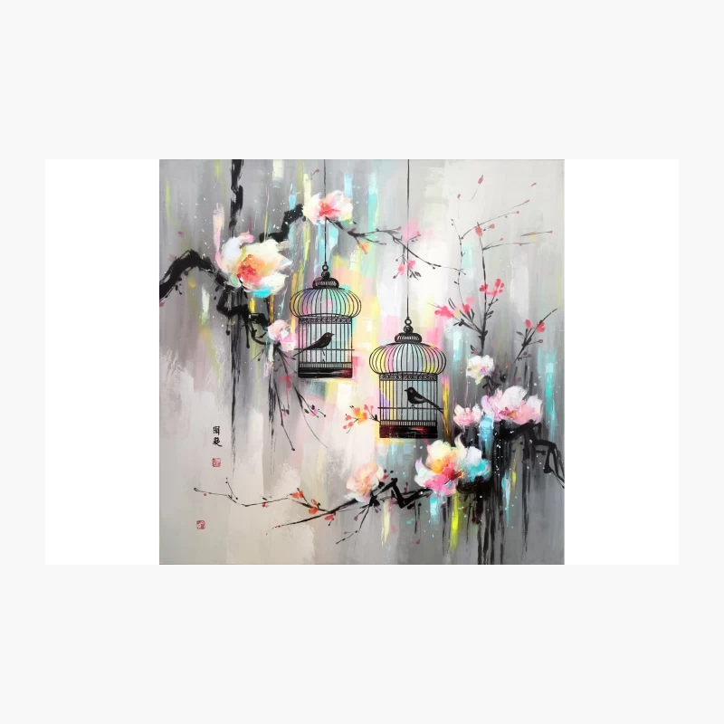 Ethereal Asian-Inspired Painting with Bird Cages and Cherry Blossoms Travel Mug