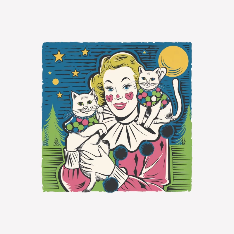 Vintage Retro Illustration: Woman and Cats Under Starry Night Female T-Shirt