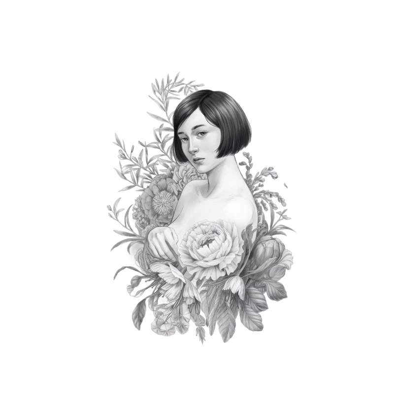 Floral Portrait: Illustrated Woman with Botanical Elements Tapestry