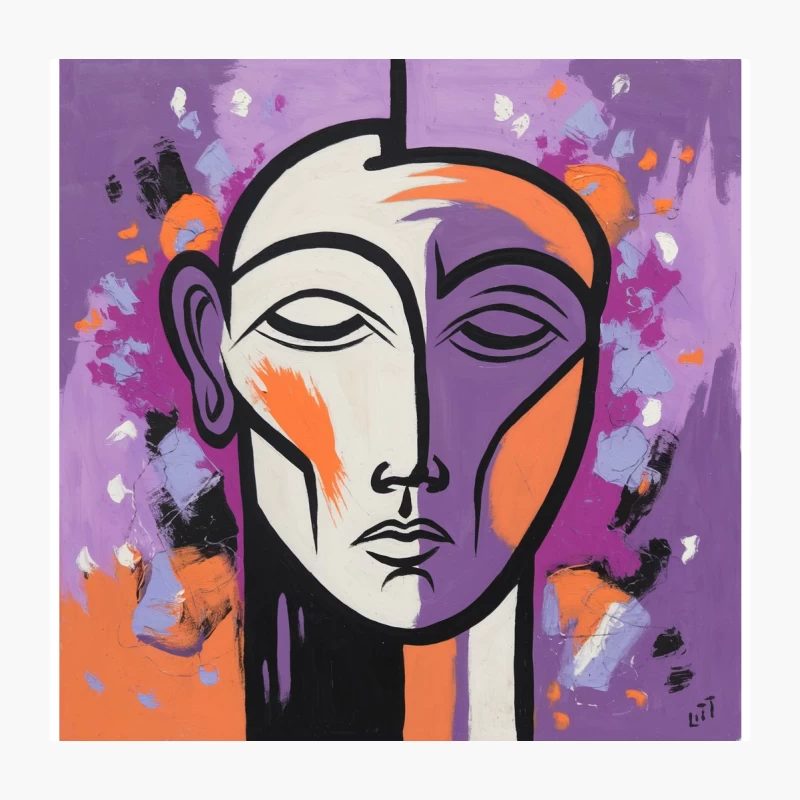 Cubist Portrait with Purple and Orange: Modern Abstract Geometric Face Throw Pillow
