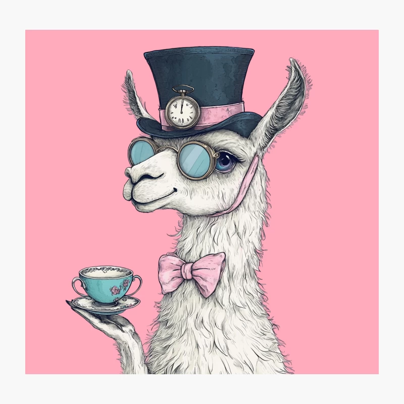 Whimsical Llama in Top Hat Enjoying Tea Time Throw Pillow