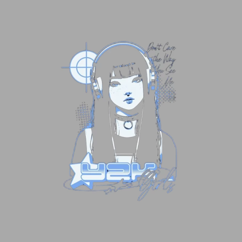 Blue Monochrome Gothic Anime Girl with Headphones Female Pullover Hoodie