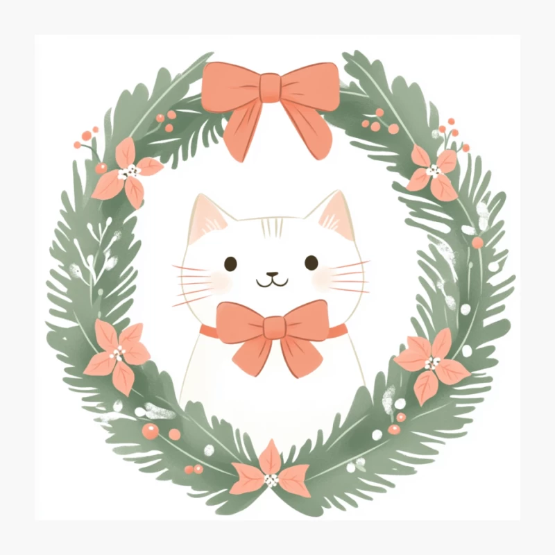 Cute White Cat with Pink Bow in Christmas Wreath Illustration Pin