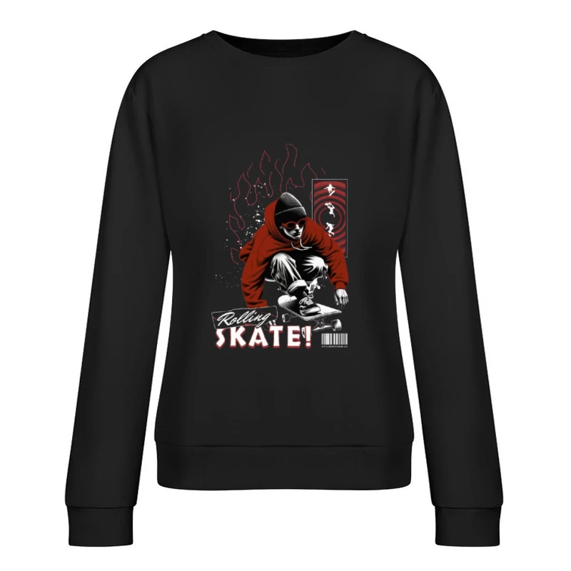 Urban Skateboarder in Red Hoodie - Street Art Style Female Pullover Sweatshirt