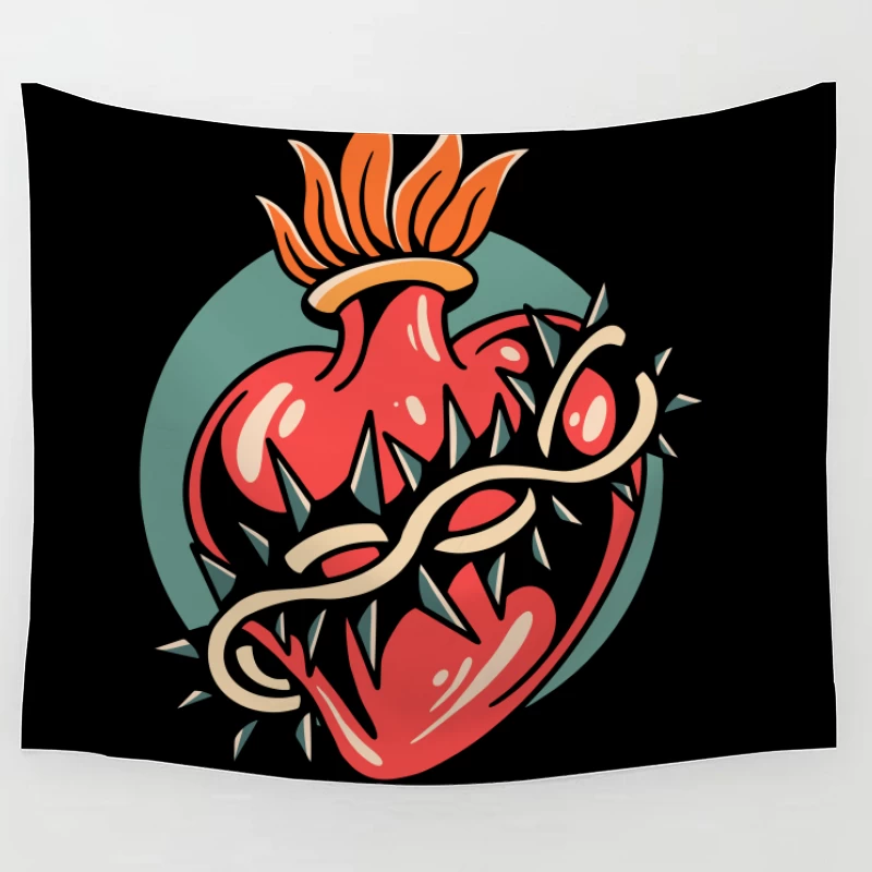 Illustration of a Heart with Thorns and Flame Tapestry