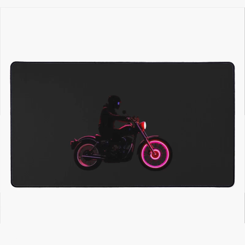 Silhouetted Motorcycle Rider with Neon Red Accents Desk Mat