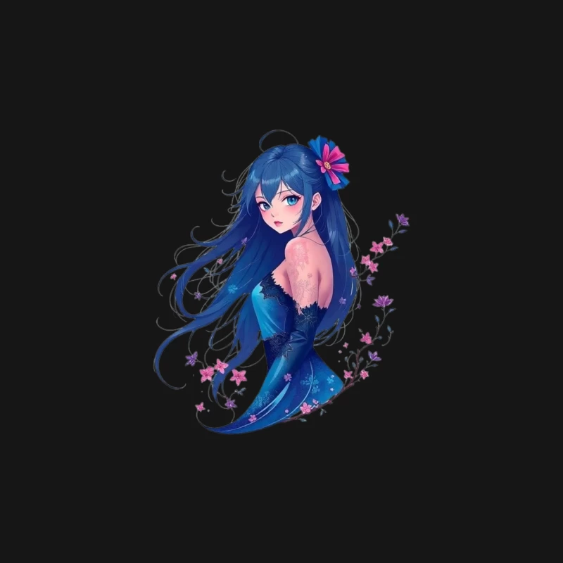 Elegant Anime Girl with Blue Hair and Floral Accents in Evening Dress Female Long Sleeve T-Shirt