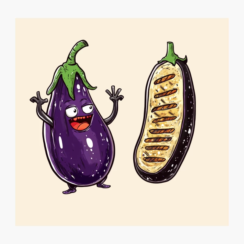 Cute Cartoon Eggplant Character with Grilled Slice Illustration Throw Pillow