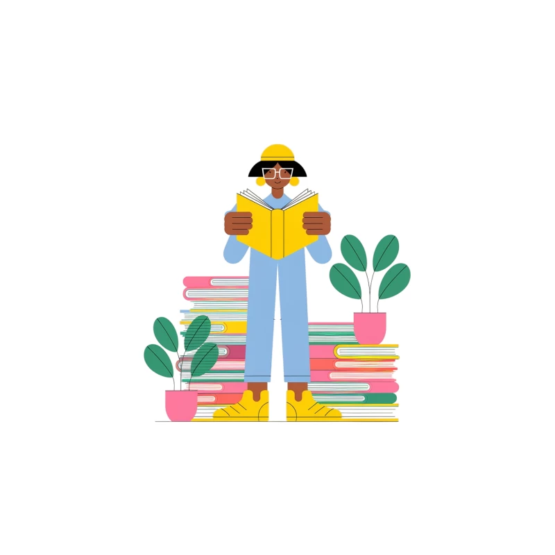 Illustrated Student Reading Among Books and Plants Tapestry