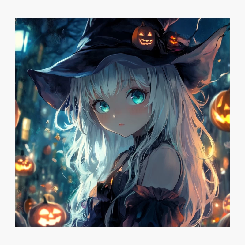 Enchanting Halloween Night: Anime Witch with Glowing Eyes Amidst Jack-o'-Lanterns Throw Pillow