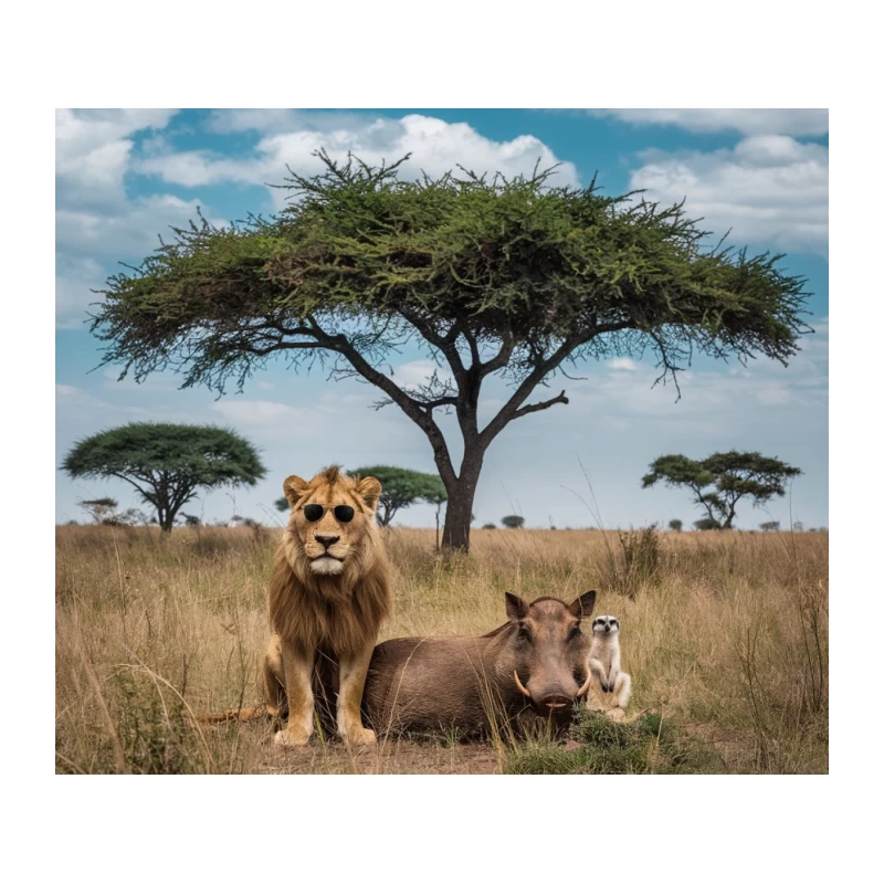 Unlikely Trio: Lion, Warthog, and Meerkat in African Savanna Tapestry