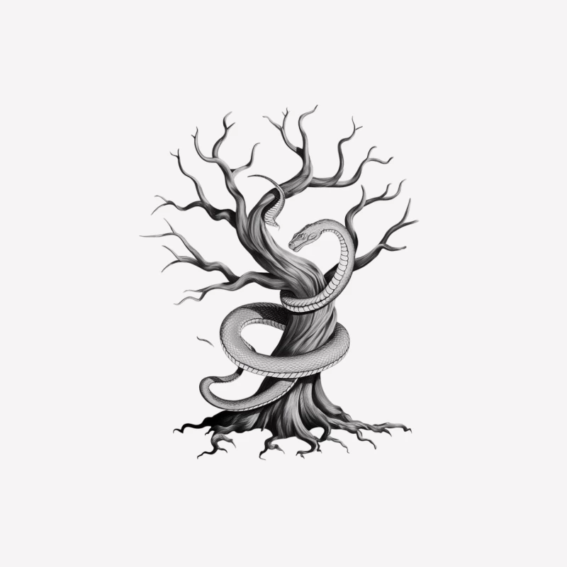 Twisted Tree with Serpent: A Surreal Monochrome Illustration Female T-Shirt