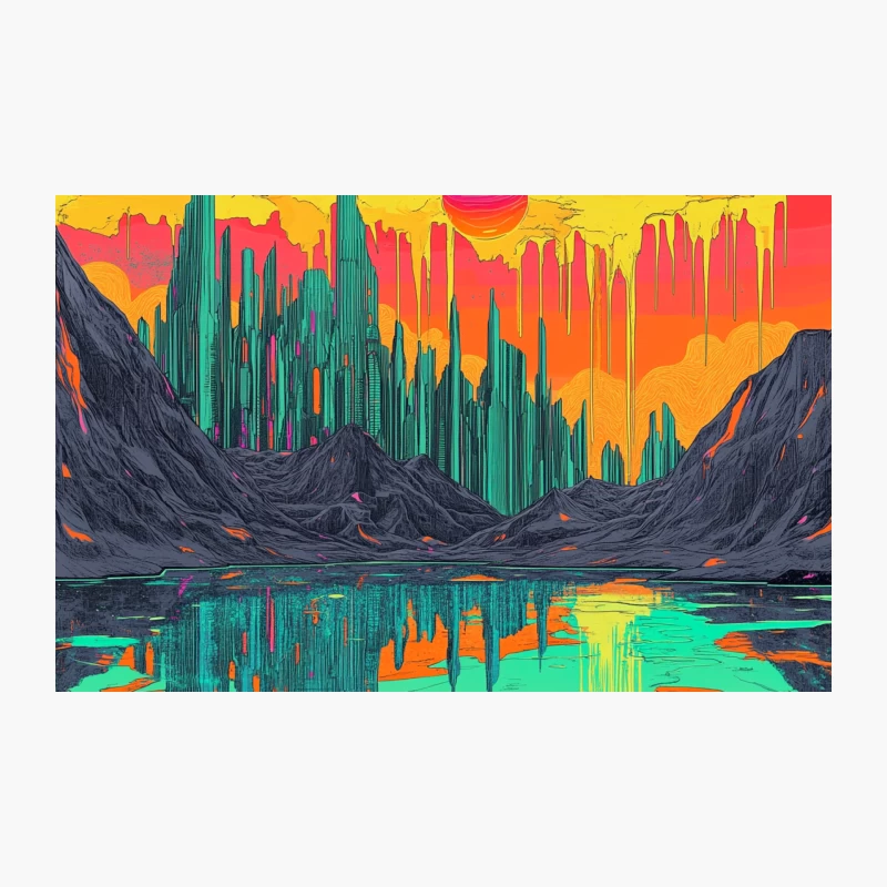 Psychedelic Neon Cityscape: Surreal Mountain Reflections at Vibrant Sunset Travel Mug